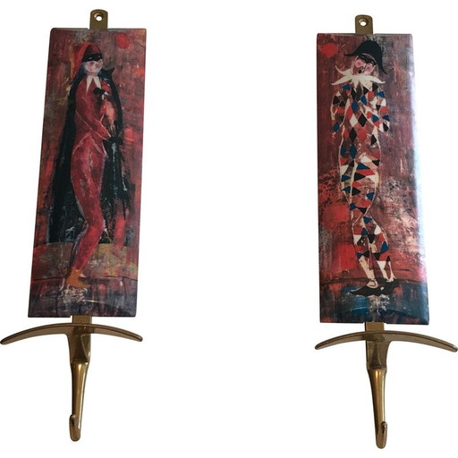 Paire de patères vintage représentant des personnages de la Comedia Del Arte, 1970