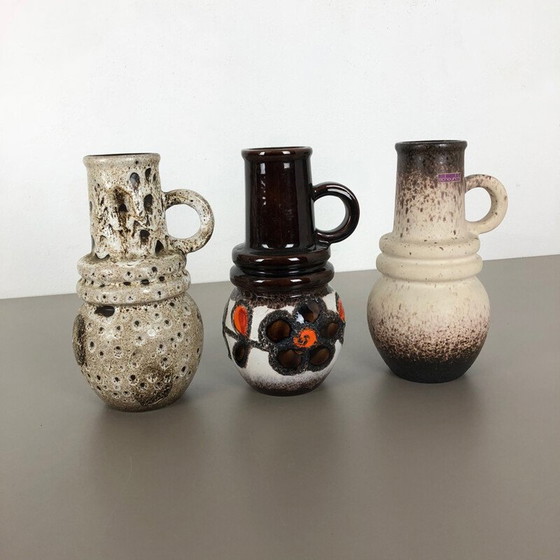 Image 1 of Ensemble de 3 vases vintage en céramique de lave grasse pour Scheurich, Allemagne 1970