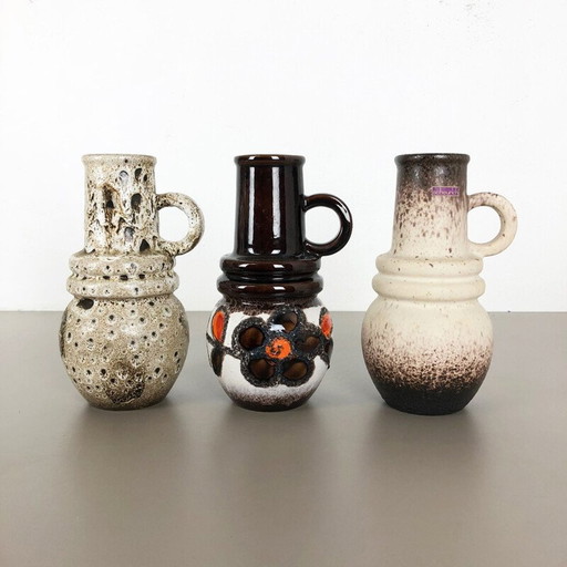Ensemble de 3 vases vintage en céramique de lave grasse pour Scheurich, Allemagne 1970