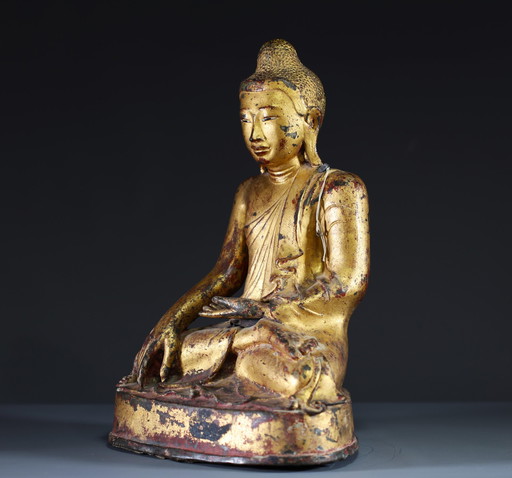 Bouddha ancien en bronze doré, Birmanie - Myanmar - Shakyamuni, Région de Mandalay, 19e siècle