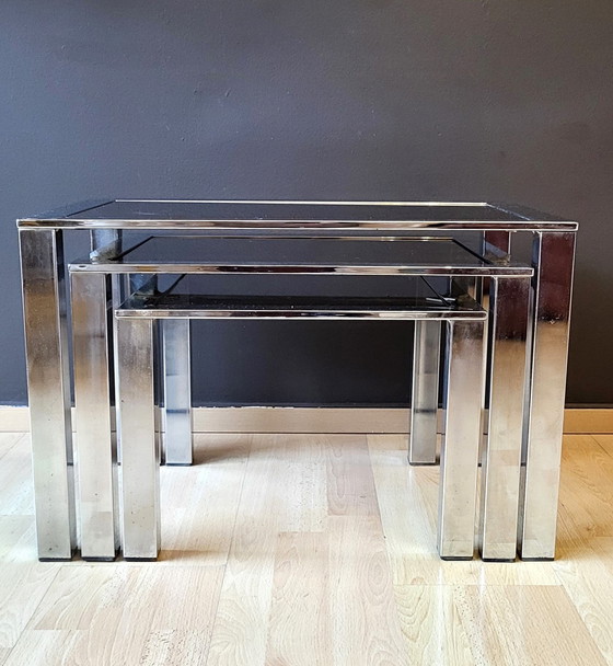 Image 1 of 3x Tables Basses Chrome Design 70S' Italie