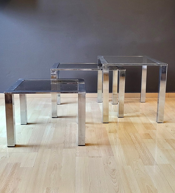 Image 1 of 3x Tables Basses Chrome Design 70S' Italie