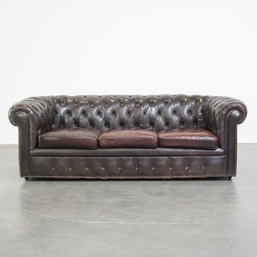 Canapé Chesterfield en cuir de vachette marron foncé