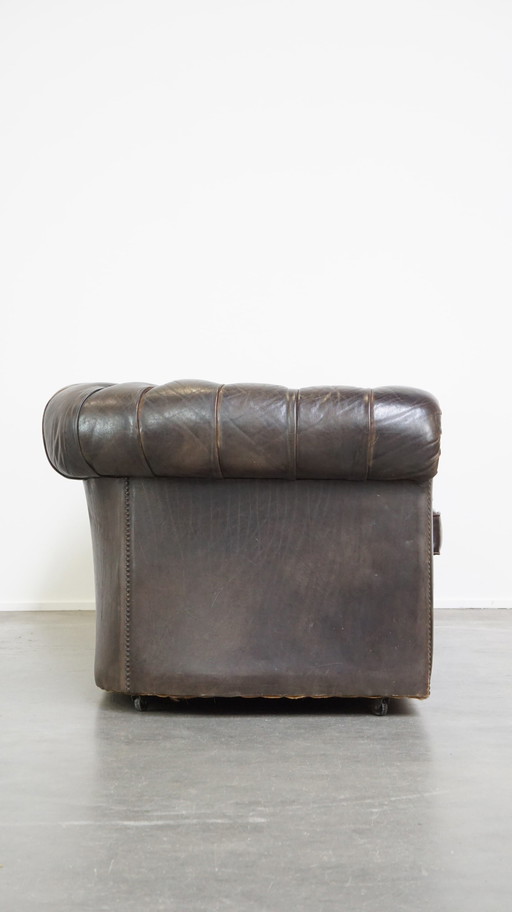 Canapé Chesterfield en cuir de vachette marron foncé