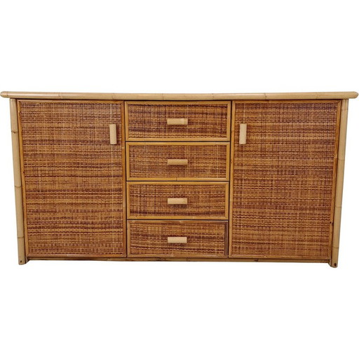 Commode vintage italienne en bambou et rotin, 1980