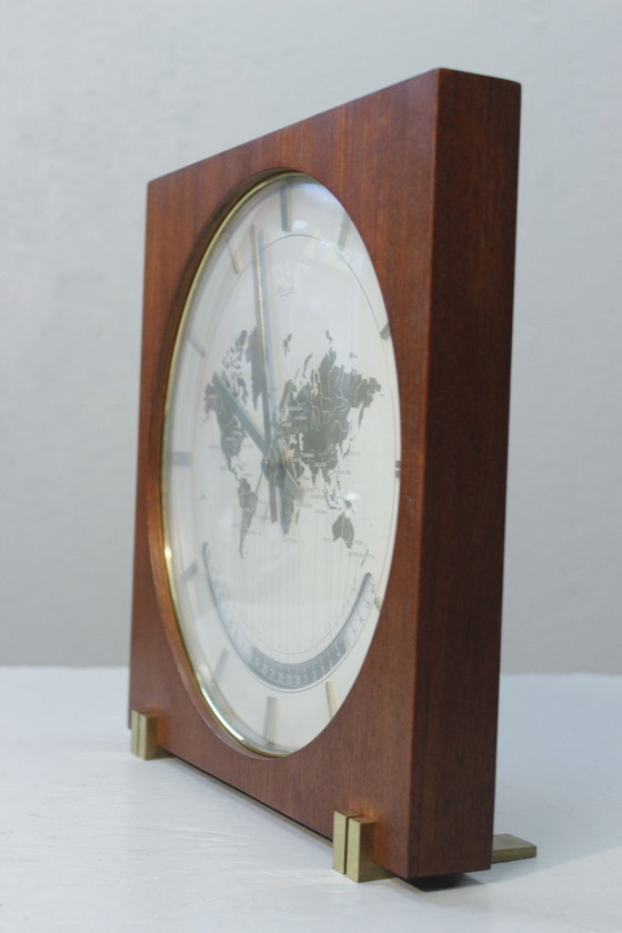 Image 1 of Horloge À Poser Vintage Kienzle World Time 1950S Teck & Laiton