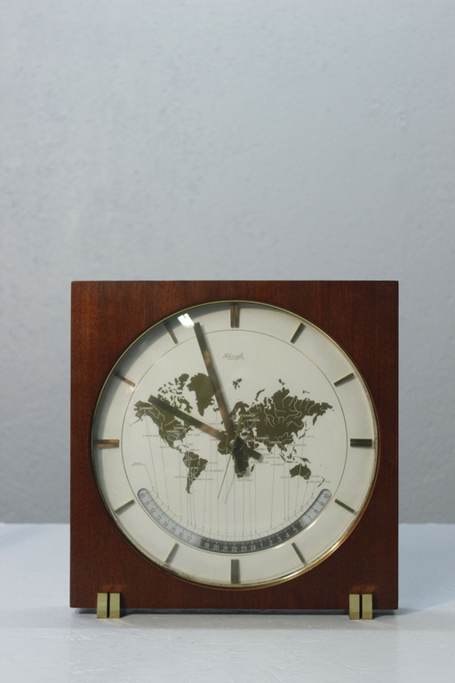 Horloge À Poser Vintage Kienzle World Time 1950S Teck & Laiton