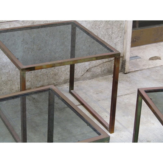 Image 1 of Tables gigognes vintage en laiton et verre fumé