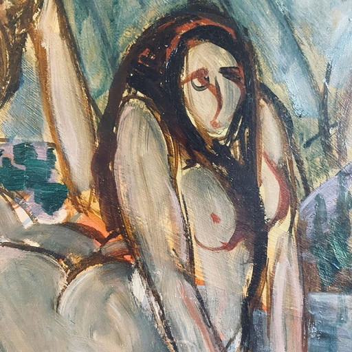 André Léon Chabert Tableau Cubiste Représentant Des Femmes Nues Se Baignant