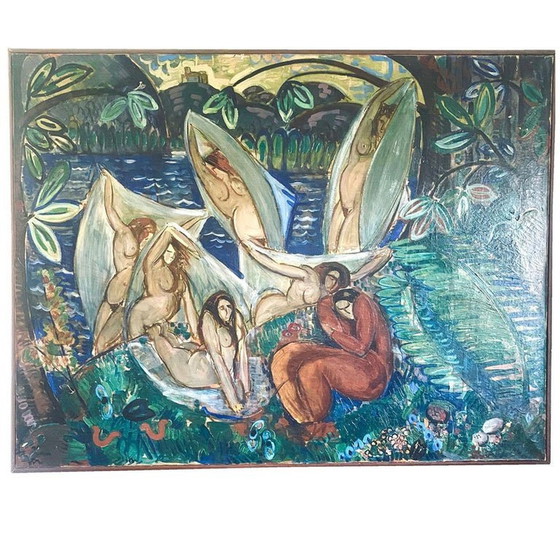 Image 1 of André Léon Chabert Tableau Cubiste Représentant Des Femmes Nues Se Baignant