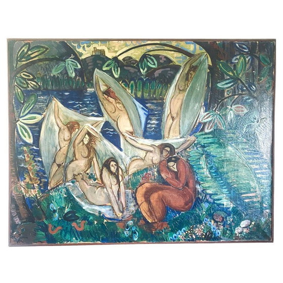 Image 1 of André Léon Chabert Tableau Cubiste Représentant Des Femmes Nues Se Baignant