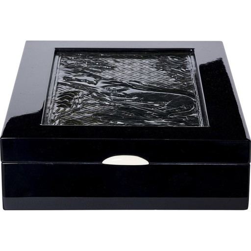 Boîte à bijoux Vintage Art Déco en laque noire et pierre de jade sculptée, 1930