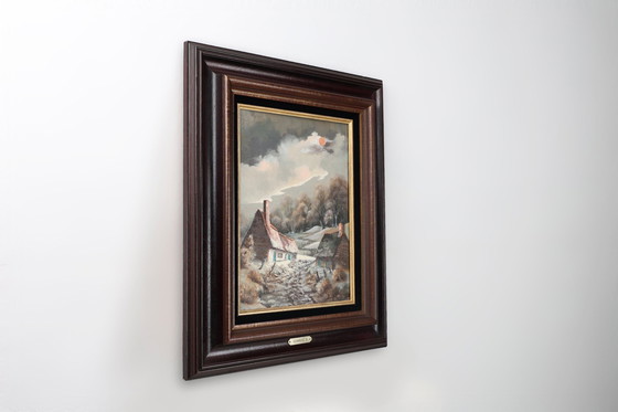 Image 1 of Peinture signée du 20e siècle représentant un paysage avec des maisons anciennes