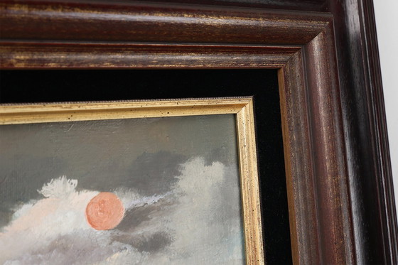 Image 1 of Peinture signée du 20e siècle représentant un paysage avec des maisons anciennes