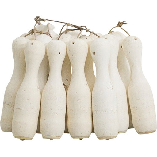 Jeu de 15 quilles de bowling vintage sur cordes de levage en nylon