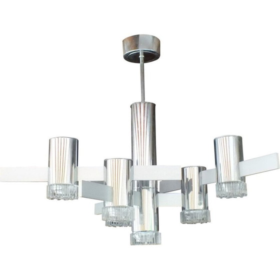 Image 1 of Lustre vintage en aluminium et verre chromé par Gaetano Sciolari, Italie 1970