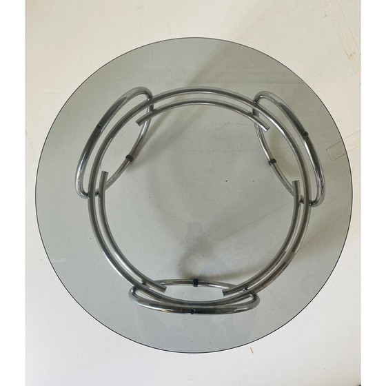 Image 1 of Table basse ronde vintage de l'ère spatiale avec plateau en verre fumé, 1970