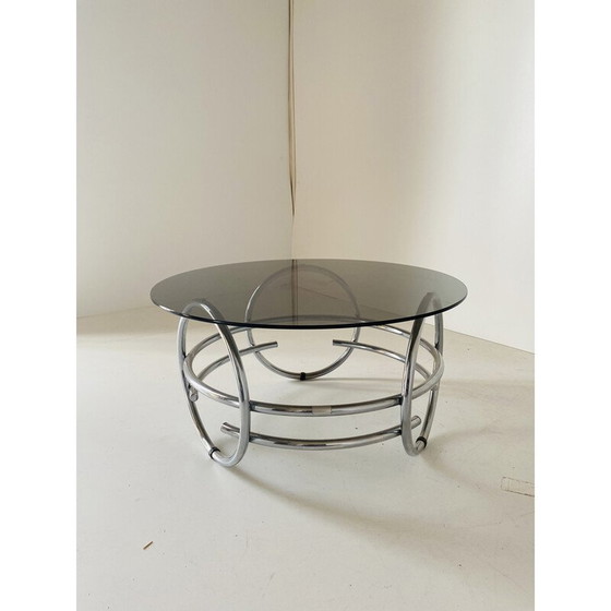 Image 1 of Table basse ronde vintage de l'ère spatiale avec plateau en verre fumé, 1970