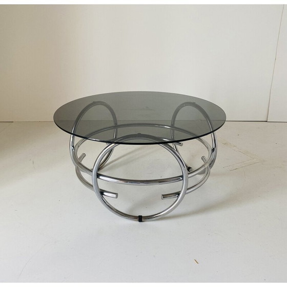Image 1 of Table basse ronde vintage de l'ère spatiale avec plateau en verre fumé, 1970