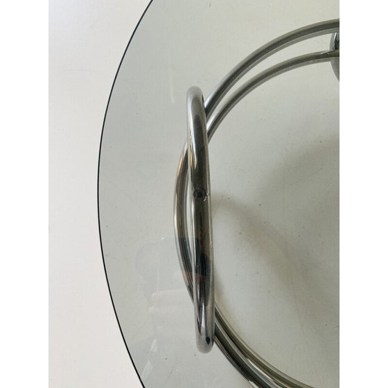 Image 1 of Table basse ronde vintage de l'ère spatiale avec plateau en verre fumé, 1970