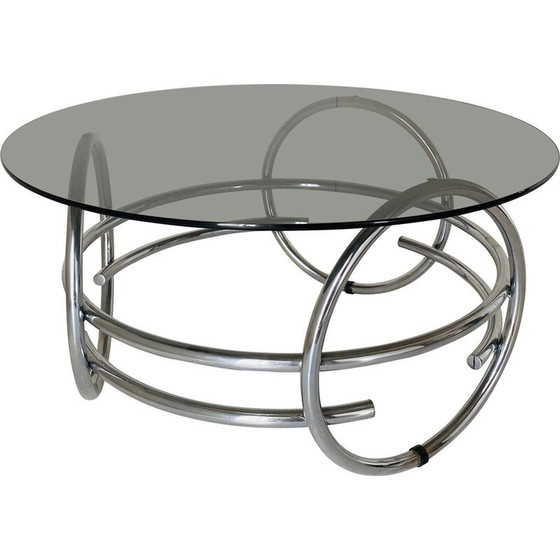 Image 1 of Table basse ronde vintage de l'ère spatiale avec plateau en verre fumé, 1970
