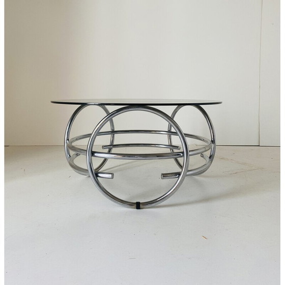 Image 1 of Table basse ronde vintage de l'ère spatiale avec plateau en verre fumé, 1970