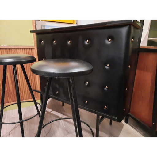 Set de bar vintage en métal noir et similicuir, 1950