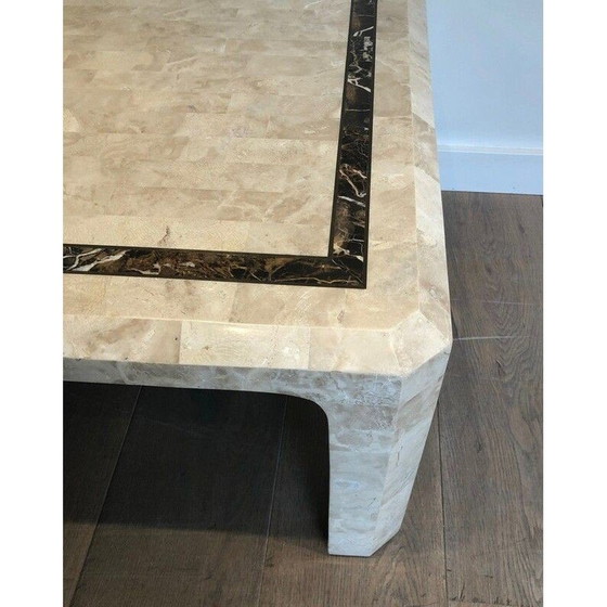 Image 1 of Table basse vintage avec plaques de marbre et filet en laiton, 1970