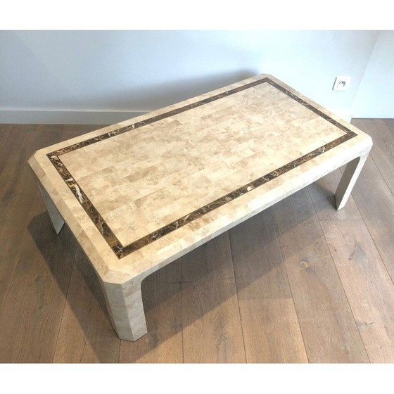 Image 1 of Table basse vintage avec plaques de marbre et filet en laiton, 1970