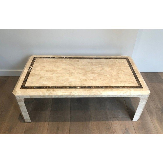 Image 1 of Table basse vintage avec plaques de marbre et filet en laiton, 1970