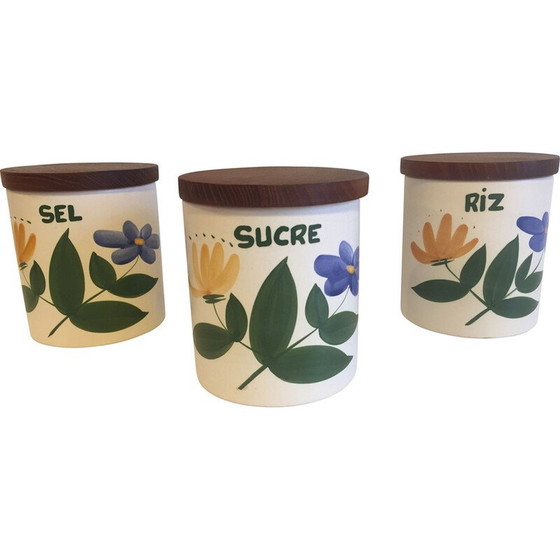Image 1 of Set de 3 pots à épices vintage en céramique et bois