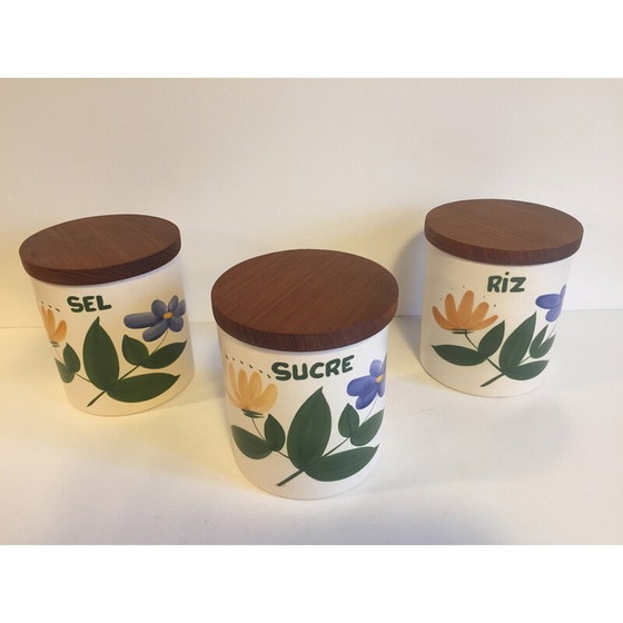 Image 1 of Set de 3 pots à épices vintage en céramique et bois