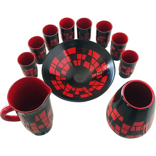 Vase vintage en forme de poire en céramique rouge et noire par Elchinger, France 1960