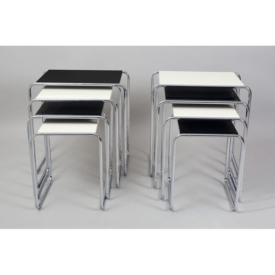 Image 1 of Table gigogne vintage en acier chromé blanc et bois laqué par Kovona, 1950