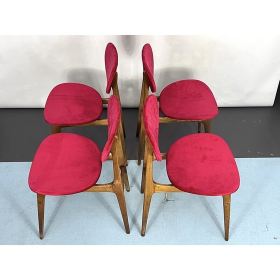 Image 1 of Ensemble de 4 chaises de salle à manger en velours rouge et bois du milieu du siècle, Italie années 1950