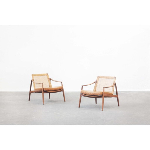 Paire de fauteuils vintage en canne et teck par Hartmut Lohmeyer pour Wilkhahn, Allemagne années 1950