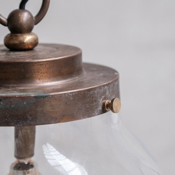 Image 1 of Lampe suspendue vintage en verre transparent et laiton, Pays-Bas 1950