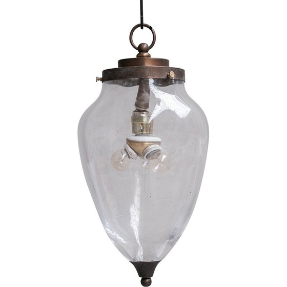 Image 1 of Lampe suspendue vintage en verre transparent et laiton, Pays-Bas 1950