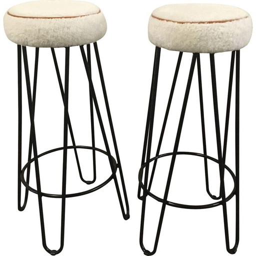 Paire de tabourets hauts vintage en tube de métal laqué noir, France 1950