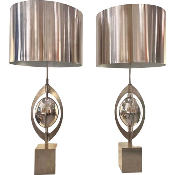 Image 1 of Paire de lampes de table "Ogive" en acier brossé pour Maison Charles, France 1970