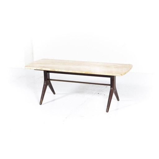 Table basse vintage en travertin et teck par A.A.Patijn pour Zijlstra Joure, années 1950