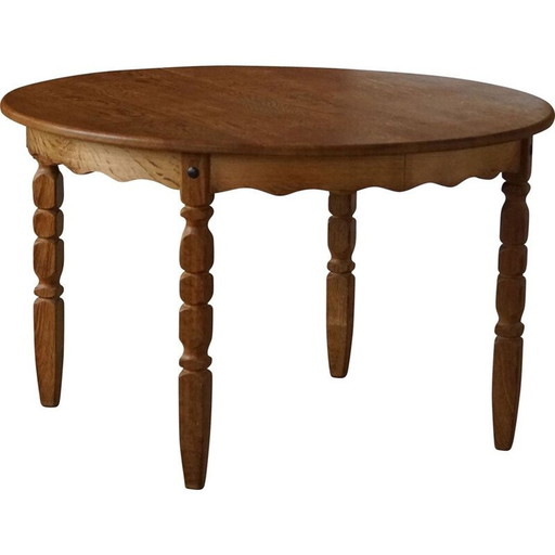 Table de salle à manger ronde vintage danoise en bois de chêne massif avec deux rallonges, années 1960