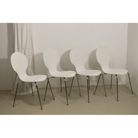 Image 1 of Ensemble de 4 chaises de salon vintage en placage de bois courbé et chrome, France 1970