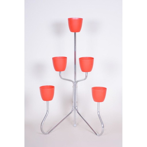 Jardinière vintage en plastique rouge et acier chromé, 1950