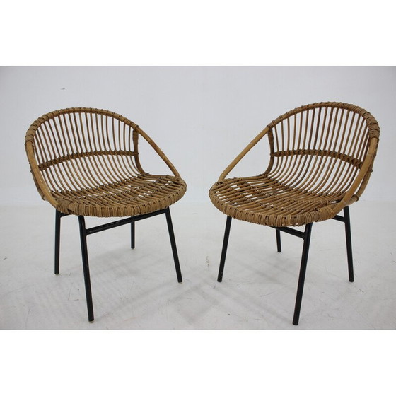Image 1 of Paire de chaises longues vintage en rotin et fer par Alan Fuchs, Tchécoslovaquie 1970