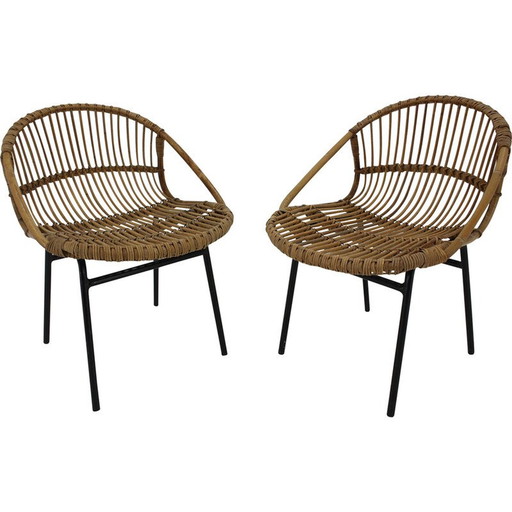 Paire de chaises longues vintage en rotin et fer par Alan Fuchs, Tchécoslovaquie 1970