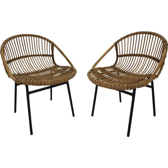 Image 1 of Paire de chaises longues vintage en rotin et fer par Alan Fuchs, Tchécoslovaquie 1970