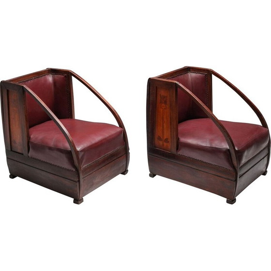 Image 1 of Paire de fauteuils vintage en acajou et cuir par Carlo et Piero Zen, Italie 1910