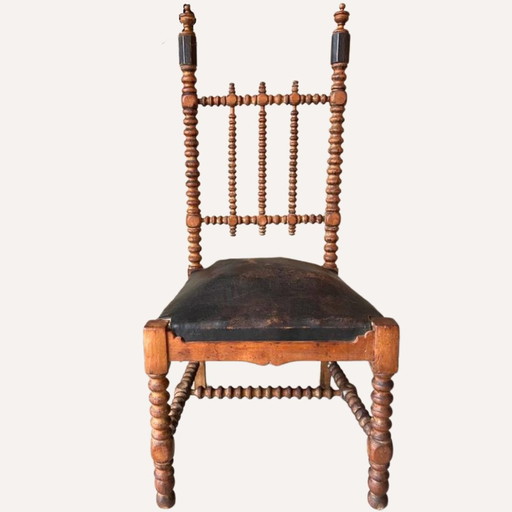 Chaise en cuir et torsion d'orge au fuseau, 1850S