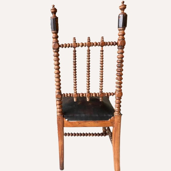 Image 1 of Chaise en cuir et torsion d'orge au fuseau, 1850S